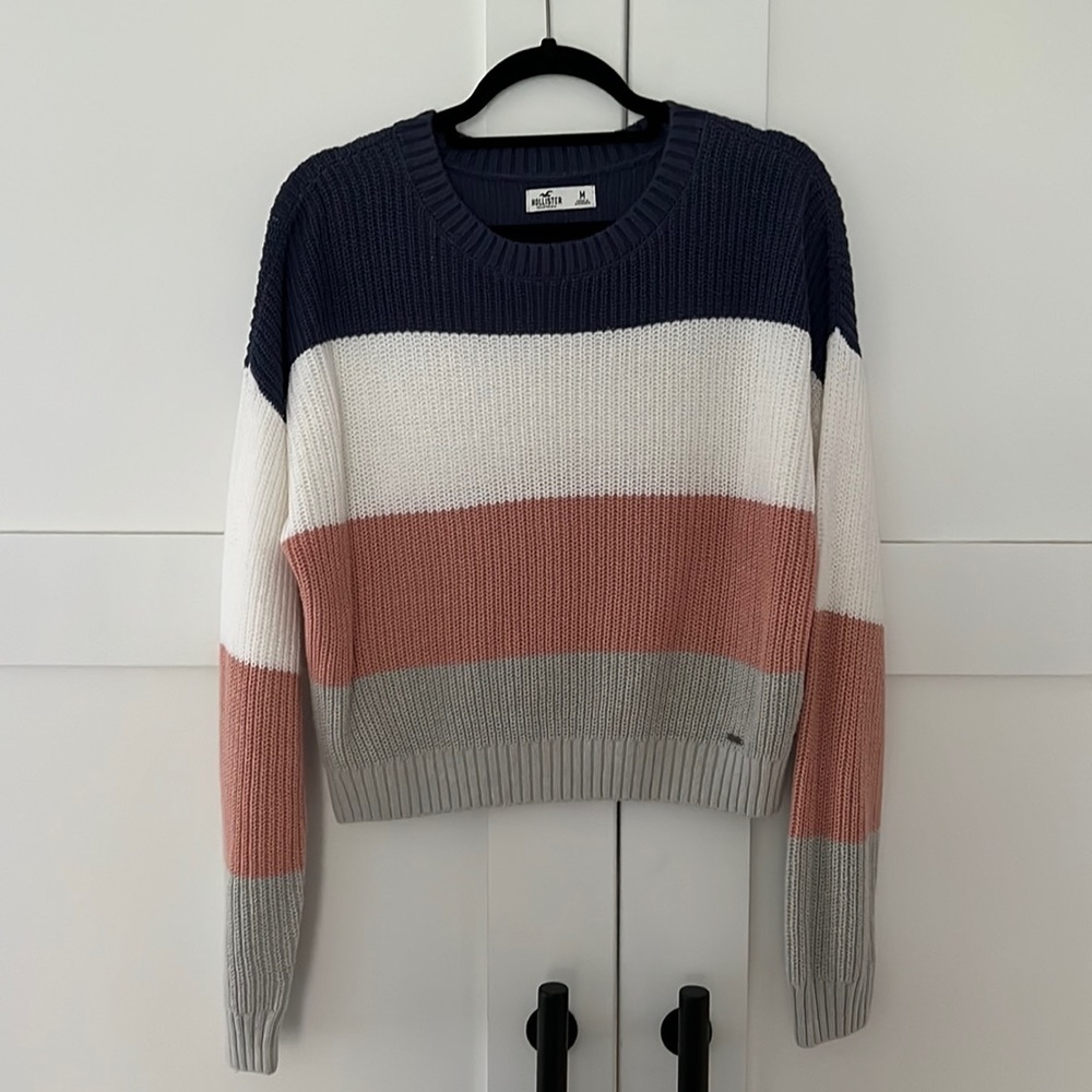 Stripe Textured Crewneck Sweater Navy Peach Striped Hollister